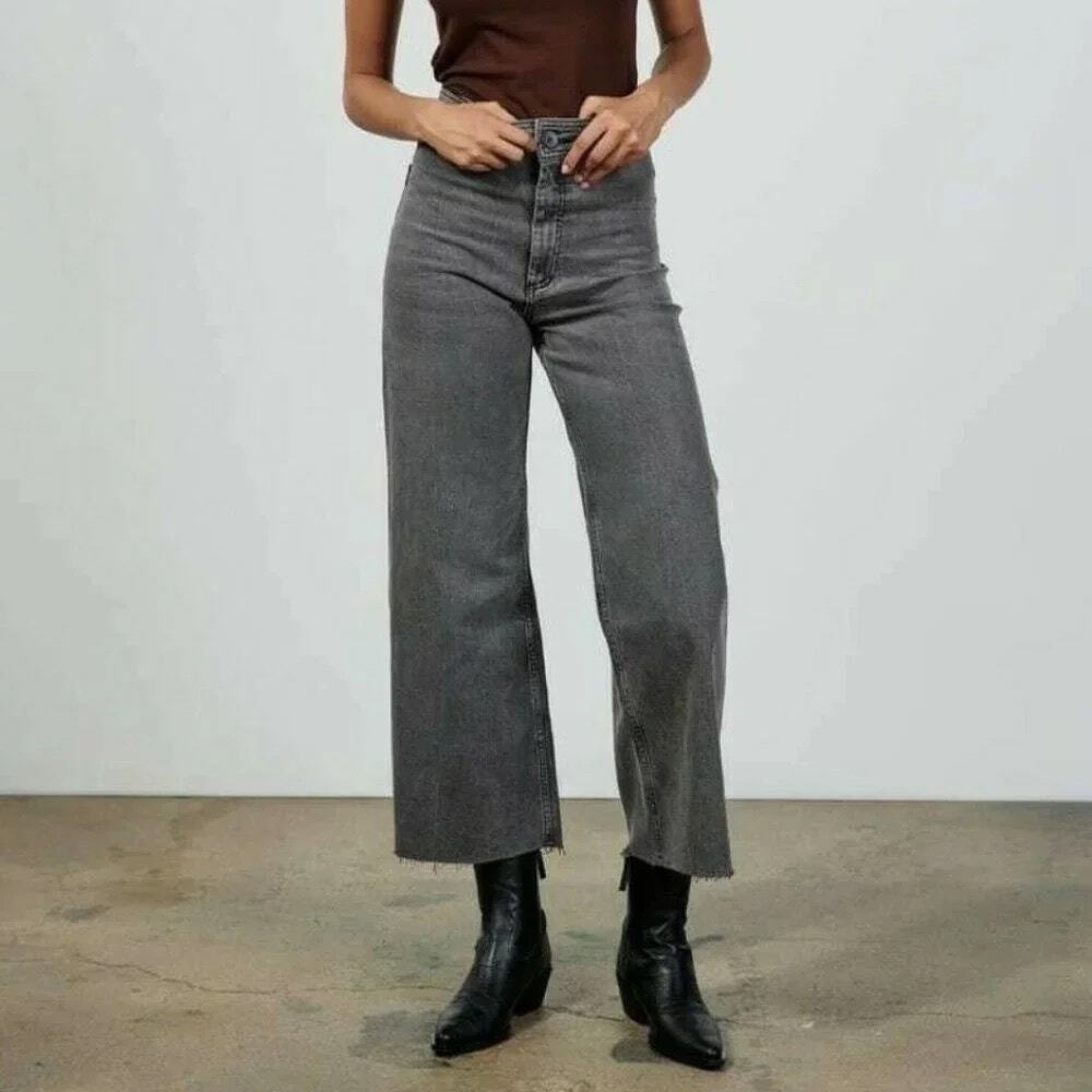 Zara Marine Straight High-Waisted Wide-Leg Jeans Frayed Hem Women's Size 4 Gray